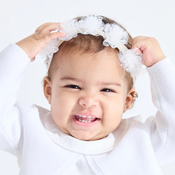 Headband élastique fleuri blanc bébé fille