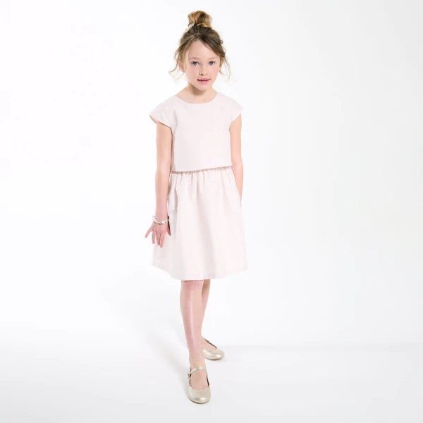 Girl's elegant shiny nude pink cotton and linen dress