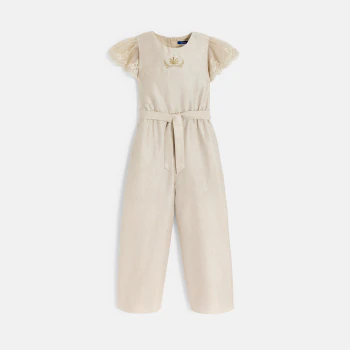 Girl's beige sequinned linen jumpsuit