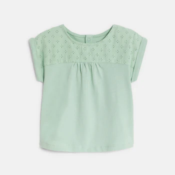 Baby girl's green two-fabric T-shirt with broderie anglaise