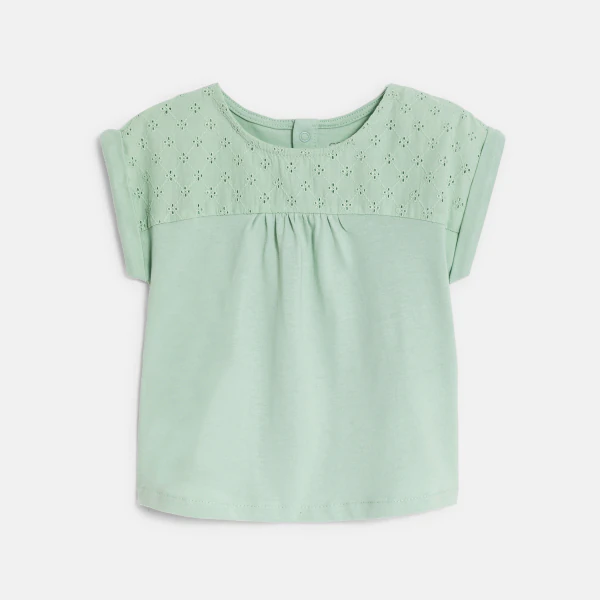 Baby girl's green two-fabric T-shirt with broderie anglaise