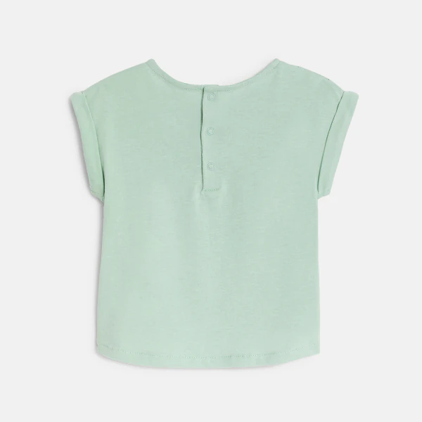 Baby girl's green two-fabric T-shirt with broderie anglaise