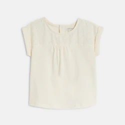 T-shirt bi-matière broderie anglaise blanc bébé fille