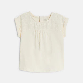 Baby girl's white two-fabric T-shirt with broderie anglaise