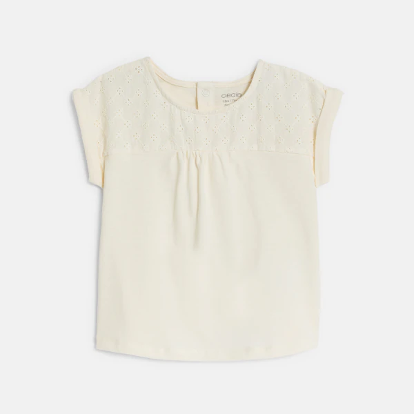 Baby girl's white two-fabric T-shirt with broderie anglaise