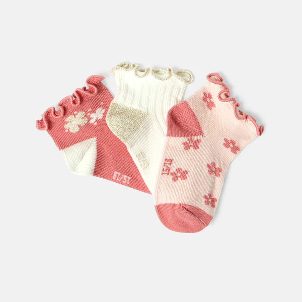 Baby girl's pink floral socks with fancy finish (set of 3)