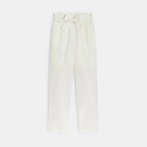 Girl's white paper bag style straight-cut trousers