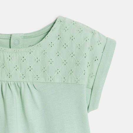 Baby girl's green two-fabric T-shirt with broderie anglaise