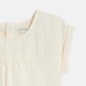 T-shirt bi-matière broderie anglaise blanc bébé fille