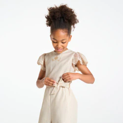 Girl's beige sequinned linen jumpsuit