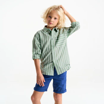 Boy's green linen striped shirt