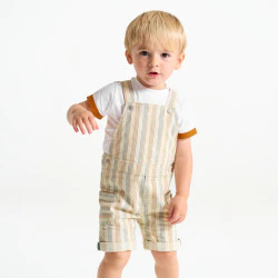 Baby boy's brown striped short overalls and T-shirt