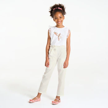 Girl's white paper bag style straight-cut trousers