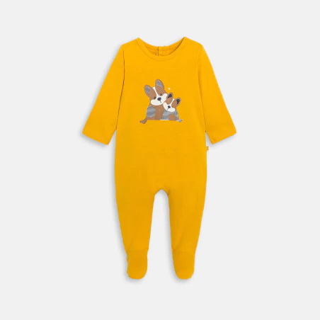 Baby boy's lightweight yellow cotton sleepsuit with dog design