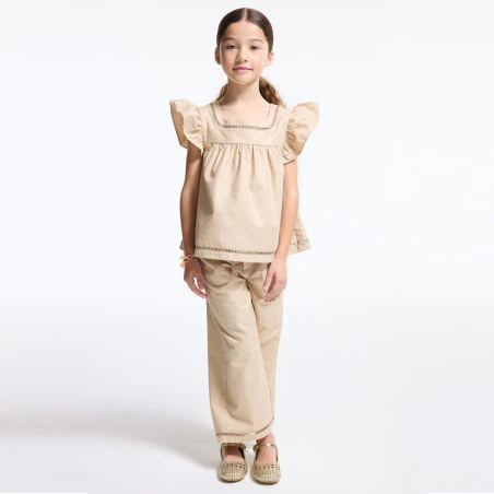 Girl's sand-coloured sparkly blouse with ruffled sleeves