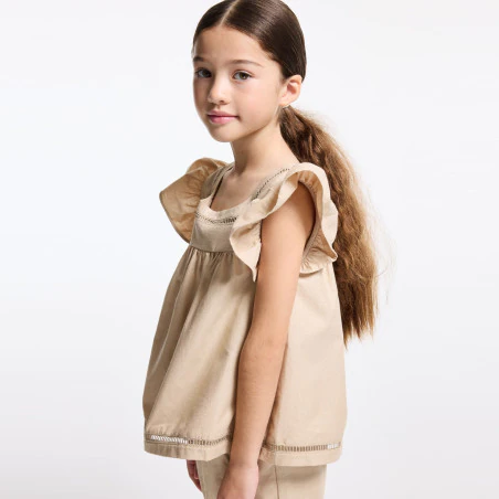 Girl's sand-coloured sparkly blouse with ruffled sleeves