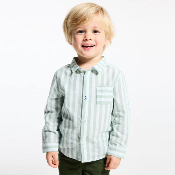 Baby boy's green striped linen and cotton shirt with roll-up sleeves