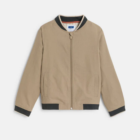 Boy's beige fabric baseball jacket.