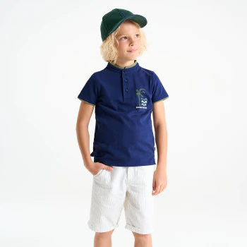 Boy's navy blue short-sleeve palm tree polo shirt