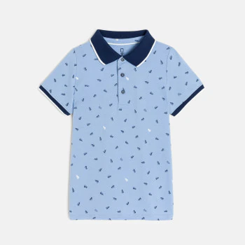 Boy's blue jersey piqué printed polo shirt with short sleeves